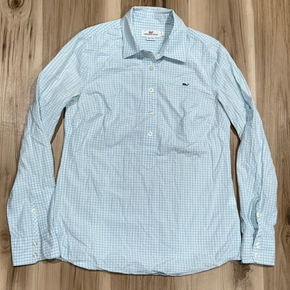 Vineyard Vines Gingham Check Plaid Popover Shirt Roll Tab Sleeve Women’s 2